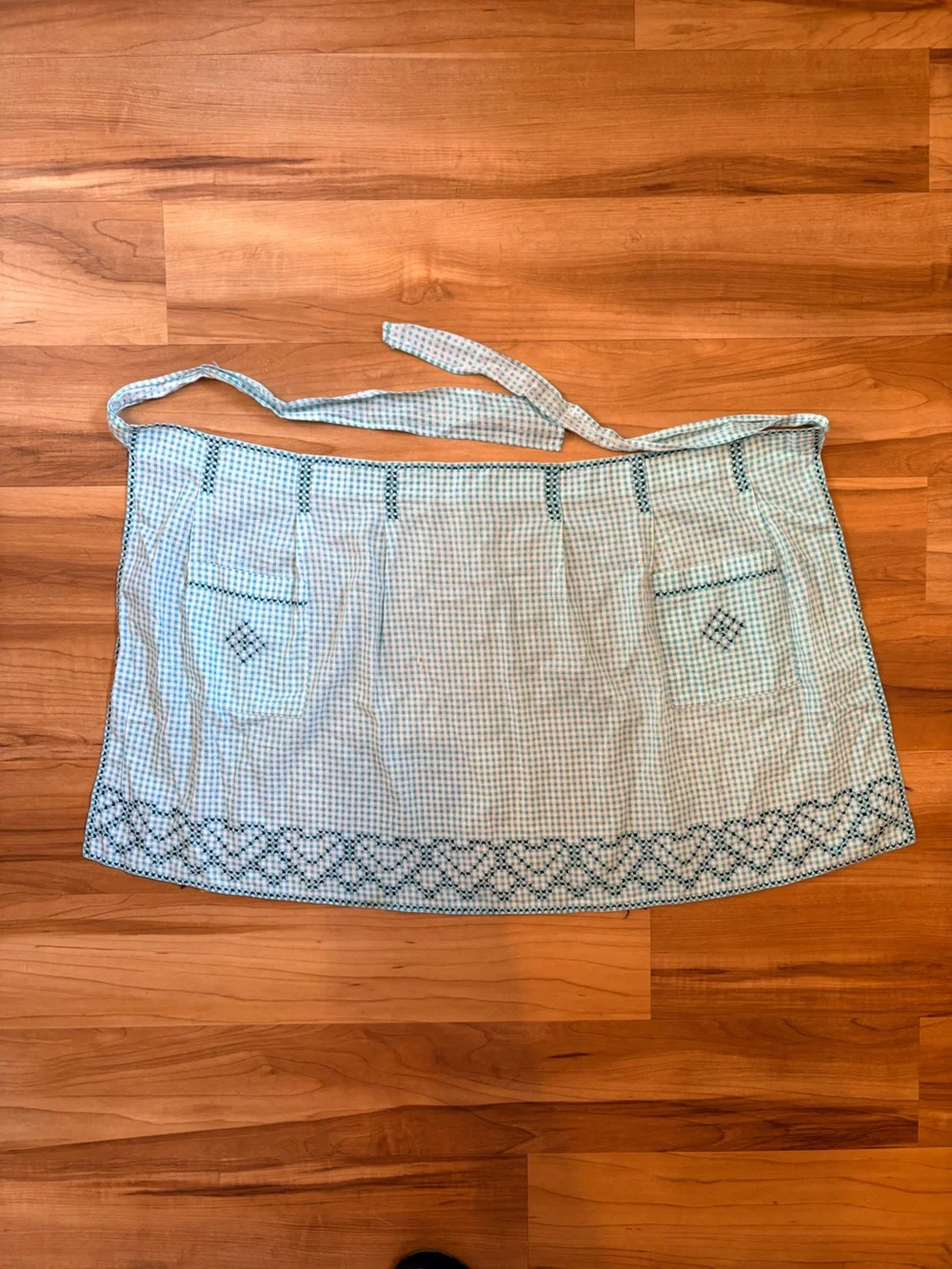 Vintage Blue Checked Apron with Embroidered Details